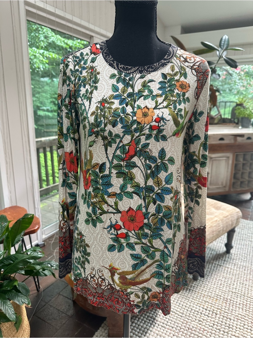 Johnny Was Cream Floral & Bird Long Sleeve Dress with Red & Green Accents